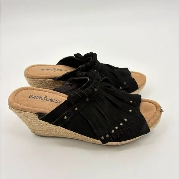 Minnetonka | Black Fringe Slide wedge Sandals | size 9 - Picture 4 of 7